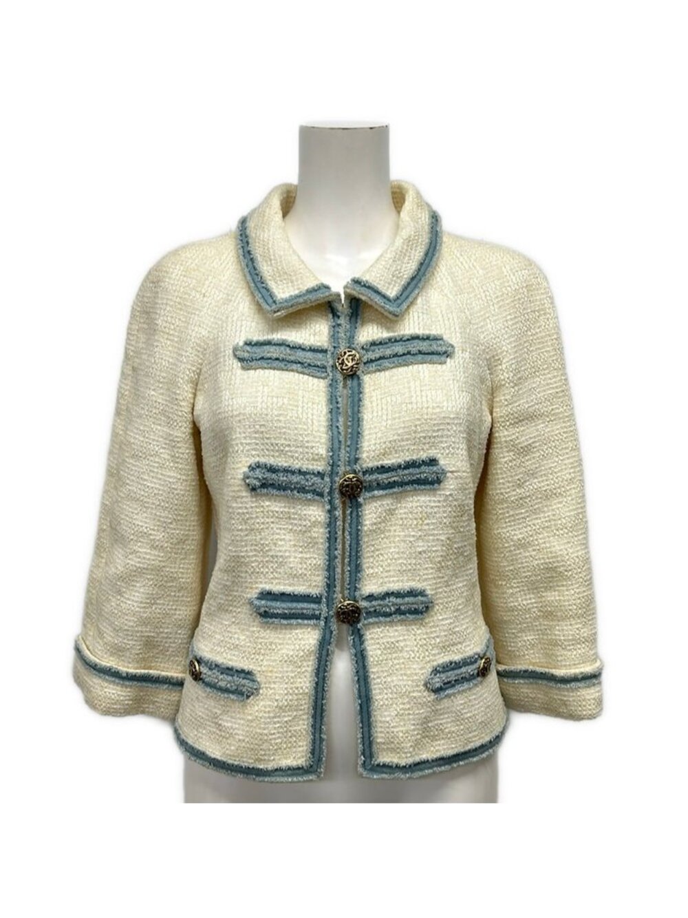 Chanel Jacket 34 Ivory Light Blue Long Sleeve Tweed Autumn Winter Cotton